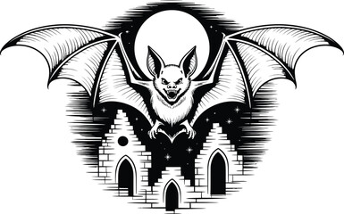 Bat flying over castle ruins under a full moon haunted