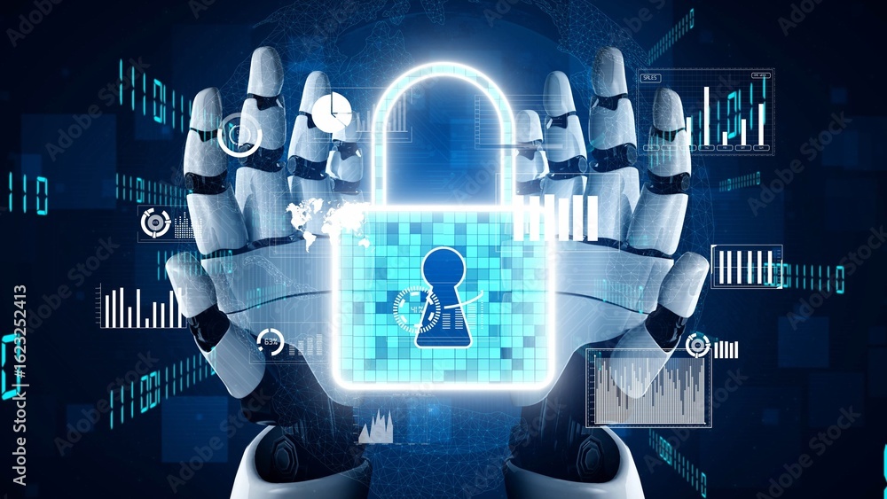 Poster a striking visualization of robotic hands safeguarding a digital lock, symbolizing advanced technolo