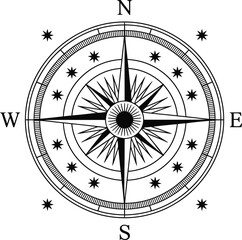 Vintage compass rose with stars navigation direction