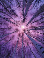 Purple twilight, birch trees, full moon