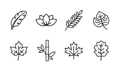 Nature leaf silhouette icon set with botanical shapes like maple, oak, palm, and fern leaves for natural, organic, foliage, and eco-friendly design themes