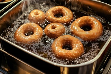Doughnuts frying in a large deep fryer, the hot oil bubbling and frothing around the doughnuts as they slowly turn golden and delicious.