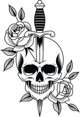 Skull and Roses Tattoo Design dagger gothic