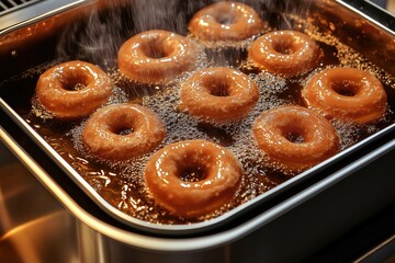 As the doughnuts slowly grow golden and tasty, the heated oil surrounding them bubbles and froths in a giant deep fryer.