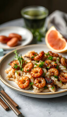 Delicious Grilled Shrimp and Pasta Food Dish: Gourmet Restaurant Meal Photography
