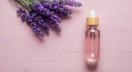 Lavender and essential oil dropper bottle on pink wood purple flowers glass bottle