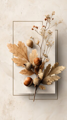 An elegant autumn card mockup featuring vintage leaf motifs and serifs, creating a dynamic, floating effect. Perfect for luxury branding or nostalgic autumn promotions. The composition looks light, cl
