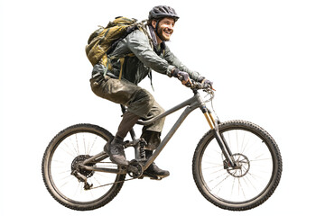 Enthusiastic Mountain Biker Riding with Backpack on White Background Promoting an Active Lifestyle and Outdoor Adventure