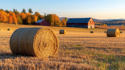 Golden autumn fields with hay bales and a rustic barn under a setting sun. Autumn