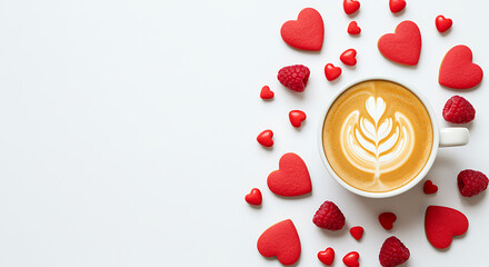 Coffee with red heart cookies and raspberries latte art