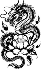 Dragon and lotus flower illustration black and white