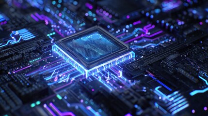 Fototapeta premium Abstract Digital Microchip Circuit Board Glowing Neon Lights
