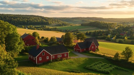 Obraz premium Red farmhouses in a rural landscape at golden hour.