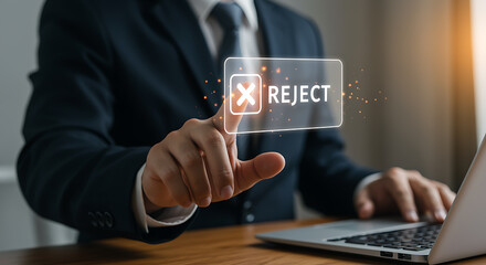 Businessman pressing reject button on digital screen image