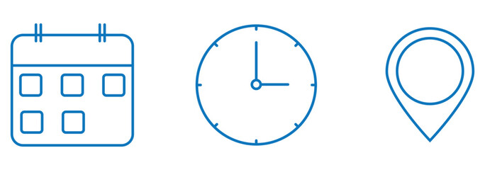 Collection of icons for location, date and time of event. Calendar, Location pin, Clock icons. Modern clean vector illustration. EPS 10