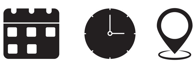 Calendar, Location pin, Clock icons. Event icon set. Address, time, date symbols vector. white background. EPS 10 