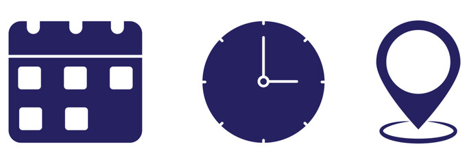 Calendar, Location pin, Clock icons. Event icon set. Address, time, date symbols vector. white background. EPS 10 