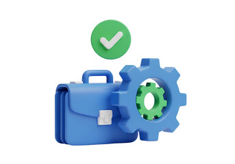 3d icon of business success with gears and checkmark isolated on transparent background