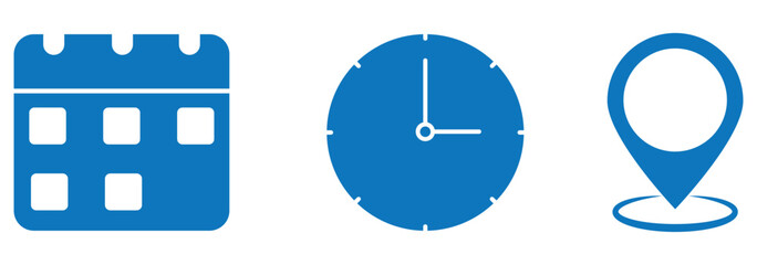 Calendar, Location pin, Clock icons. Event icon set. Address, time, date symbols vector. white background. EPS 10 