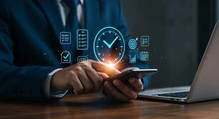 Business professional using smartphone with digital time management icons image