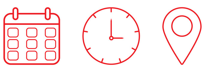 Date, time, and location icon set. Vector symbols for calendar, clock, and address pin. Simple outline art for web, app, and print. EPS 10