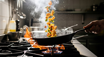 Culinary Artistry Stir-frying Vegetables Over an Open Flame for a Delicious Meal