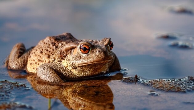 southern toad resting in a calm shallow puddle