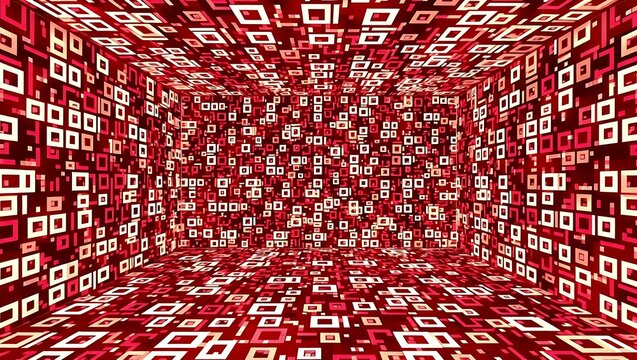 Abstract digital tunnel with glowing red and white squares and binary code