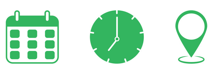 Time, date and address icon set. Travel concept or booking. Calendar, clock, location. EPS 10 