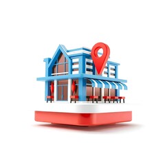 Miniature building with a prominent red location pin on top