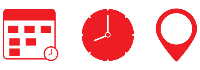 Time, date and address icon set. Travel concept or booking. Calendar, clock, location. EPS 10 