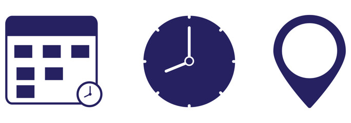 Time, date and address icon set. Travel concept or booking. Calendar, clock, location. EPS 10 