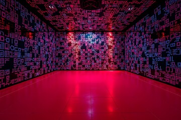 Immersive digital art installation with red floor and textured walls