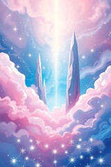 Ethereal fantasy landscape with glowing crystals and soft clouds
