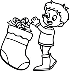 Child excitedly reaching into a christmas stocking for a surprise gift isolated on white background isolated on transparent background