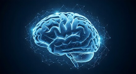 Photo of digital brain with glowing connections and futuristic technology background