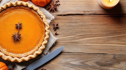 Top-down rustic autumn flat lay featuring a pumpkin pie with cloves and star anise, styled with simplicity on a wooden table. Autumn