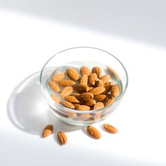 Healthy almonds soaking in water in a clear glass bowl with sunlight shadows