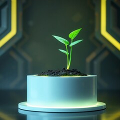 Young green plant growing in futuristic pot with sci fi background