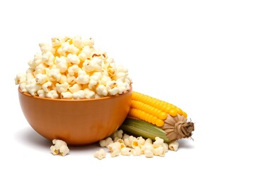 Freshly popped corn in a bowl with corn on the cob