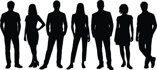 Group of casual people silhouettes, men and women standing together
