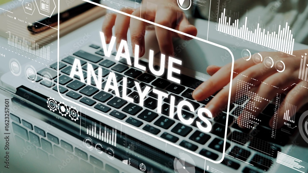 Poster value analytics concept with hands typing on laptop and digital data visualization for business anal