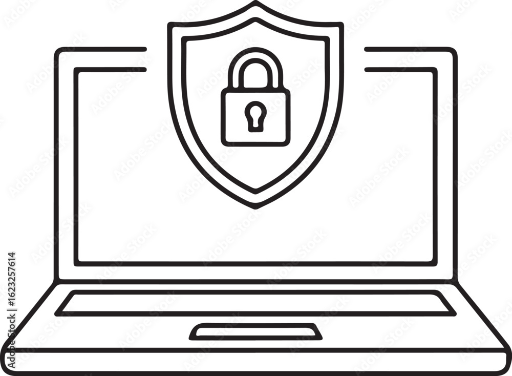Poster laptop computer with a shield and padlock icon symbolizing cybersecurity and data protection