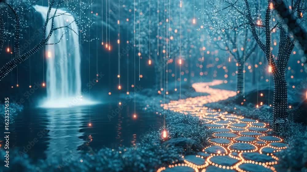 Poster a serene landscape featuring a glowing pathway lined with luminous stones leading to a cascading wat