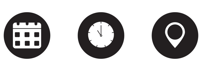 Date, Time, Address icon set. Event icons vector. Address. time, and date icon vector. Event elements isolated on transparent background .EPS 10