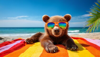 a relaxed brown bear cub wea colorful sunglasses lounges on a vibrant beach towel near the ocean