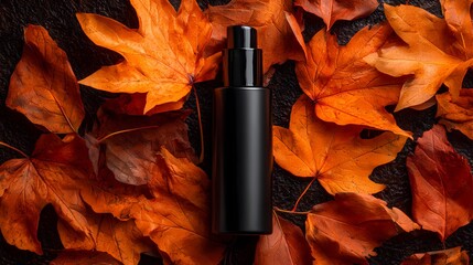 Black bottle displays among autumn leaves, evokes skincare concept. Ideal for fall marketing, beauty ads, web design.