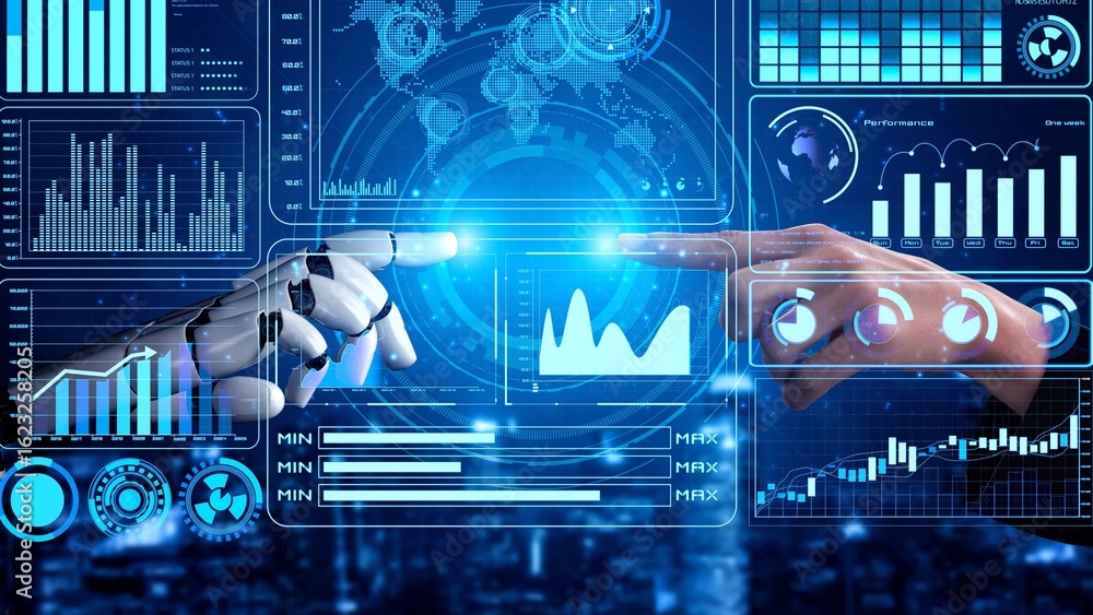 Poster ai artificial intelligence drives data analytics with predictive models, smart dashboards, and virtu