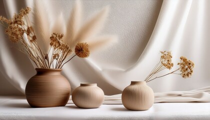 Obraz premium minimalist vases and dried flowers on soft white fabric background