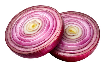 A close up view of two sliced red onions showing the layers and the center on a white background.